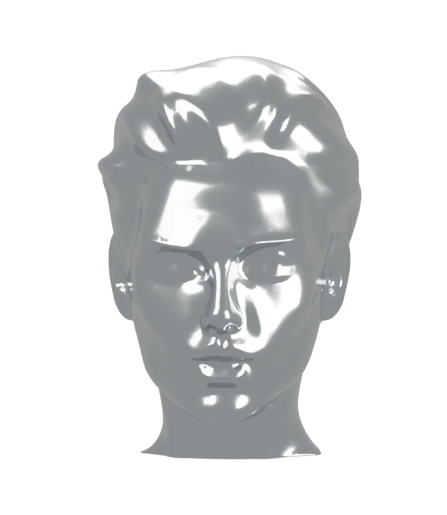 Reflective chrome head sculpture with swept-back hair